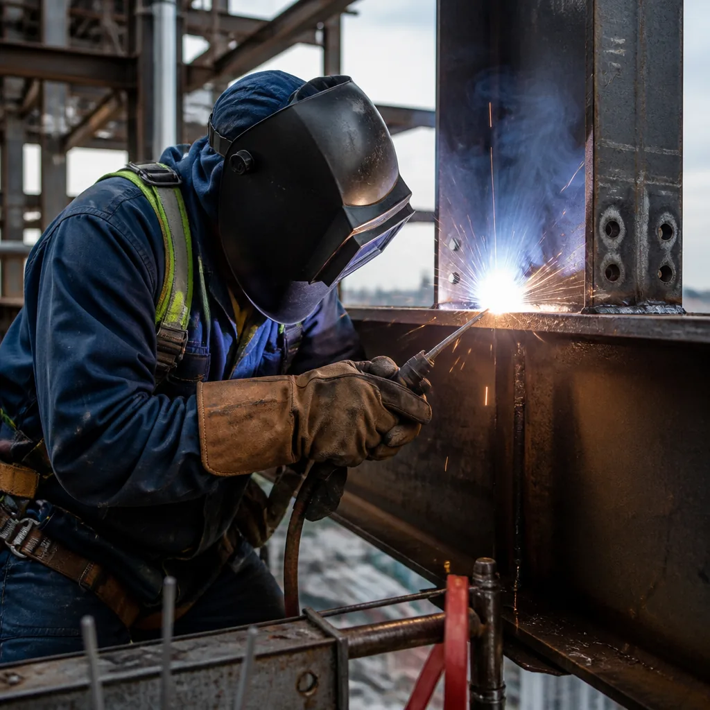 Steel beam welding on construction site