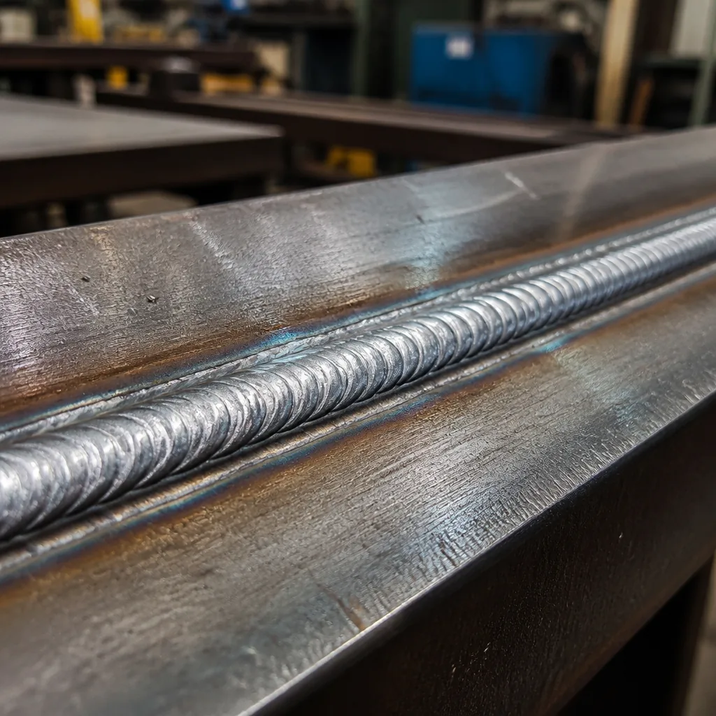 Close-up of coded weld on structural steel