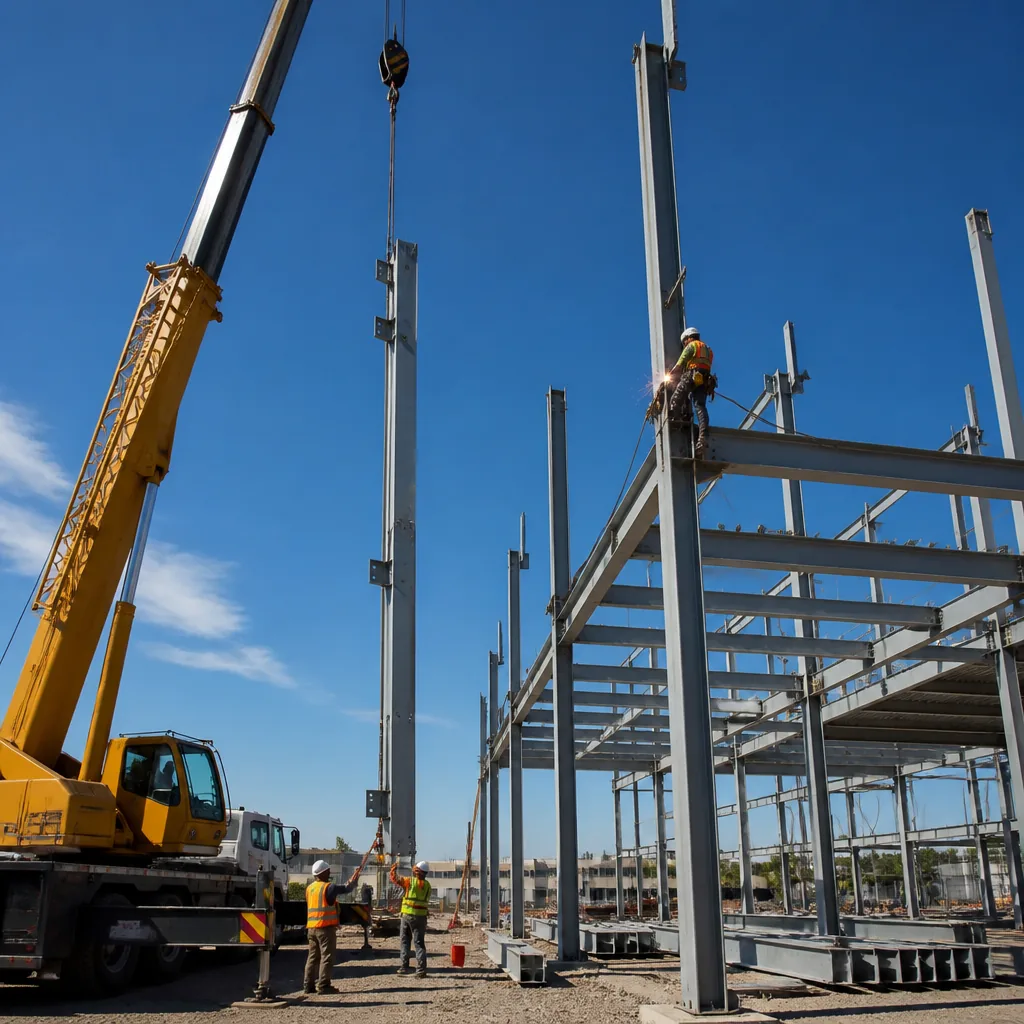Structural steel erection with crane